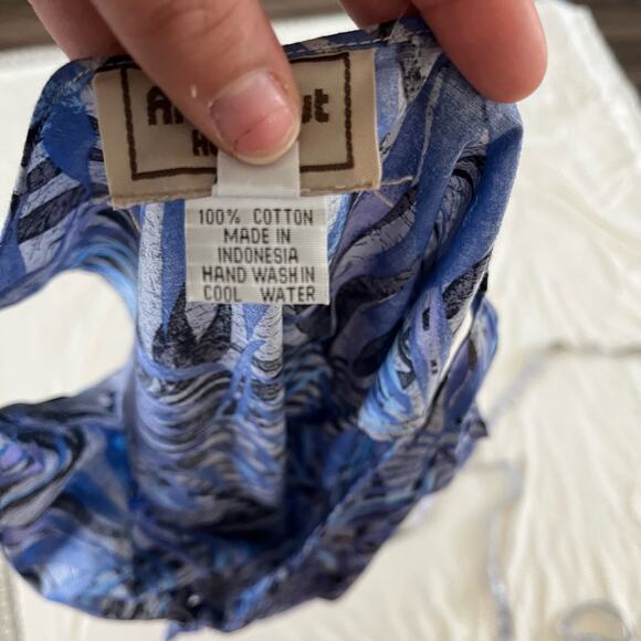 Aloha Hut Hawaii Blue Palm Print Tie Front Bow Blouse Women's Size L - Picture 7 of 9